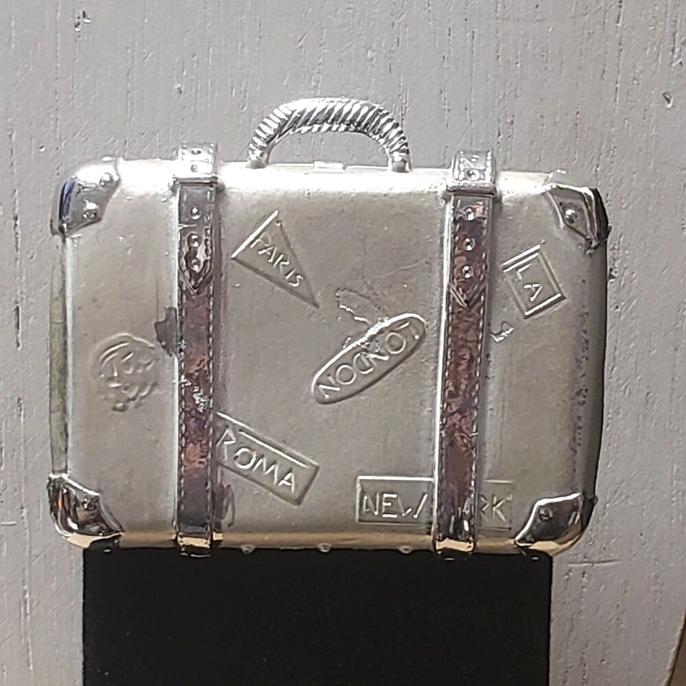 Vtg 1980s Suitcase London Paris Rome LA NYC TRAVEL Sticker Silver Tone Brooch